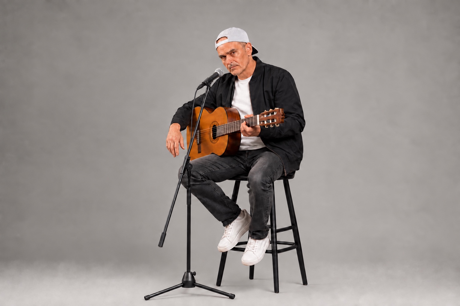 Quim Vila assegut amb la guitarra davant del micròfon